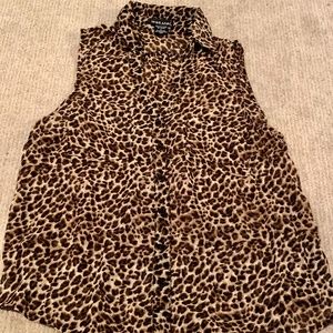 Sheer Leopard Print Sleeveless Collared Blouse
